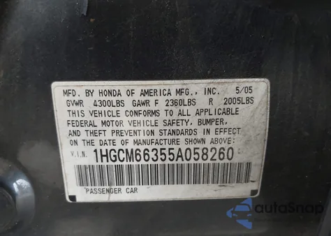 2005 Honda Accord 3.0 Lx from USA, damaged, VIN 1HGCM66355A058260